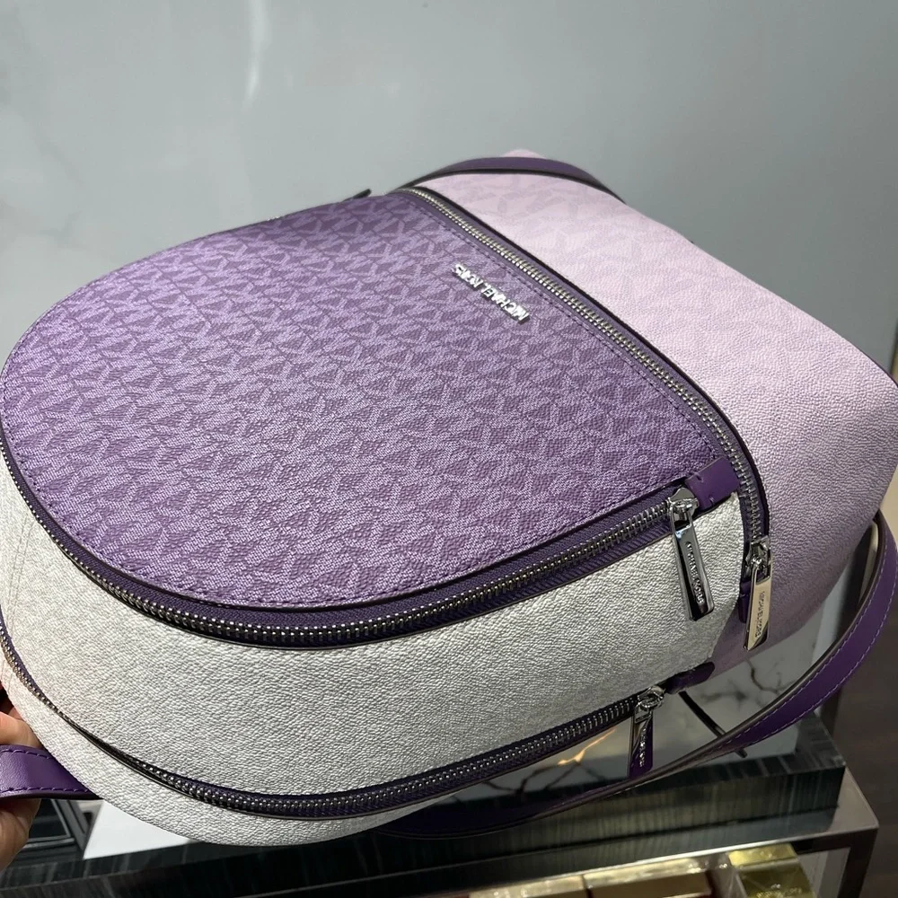 MICHAEL KORS Rhea Md Zip Color-Block Signature Logo Backpack Dark Purple MLT NWT